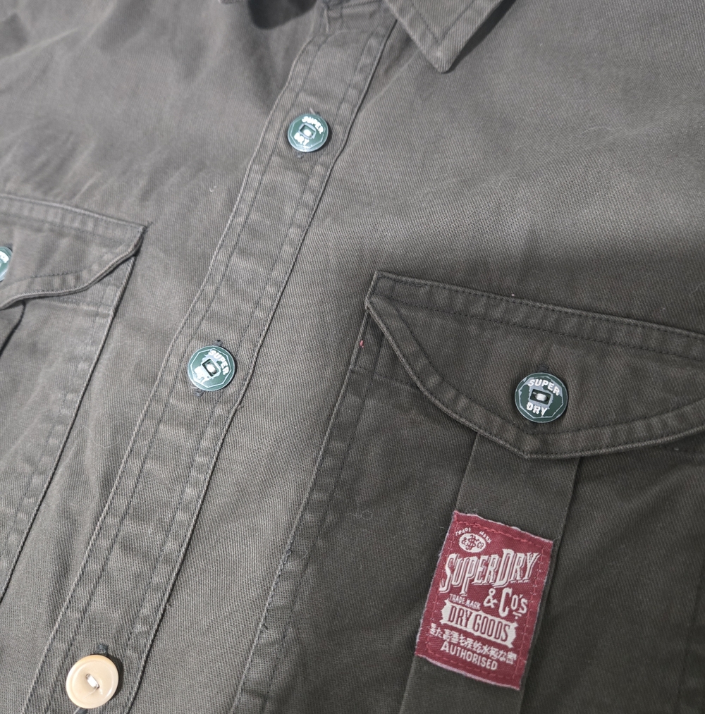 Superdry Mens Cotton Army Green Logo Embroidered Button Down Shirt Medium - Picture 3 of 7